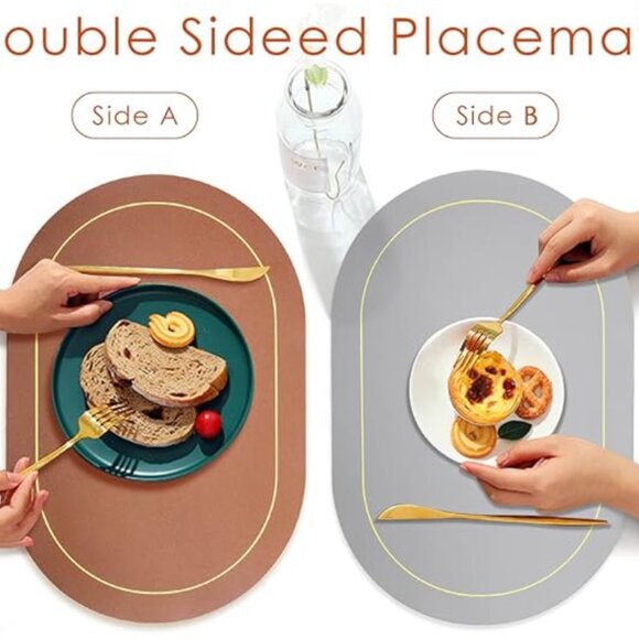 NWOT 4 PACK Double Sided Faux Leather Placement Oval - Brown + Grey - Picture 2 of 3